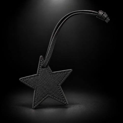 Black star bag charm on black spotlight background