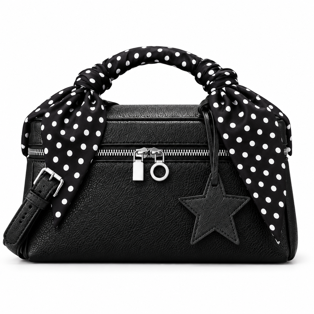 One assembled black handbag with black polka dot scarf and black star charm