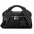 One assembled black handbag with black polka dot scarf and black star charm