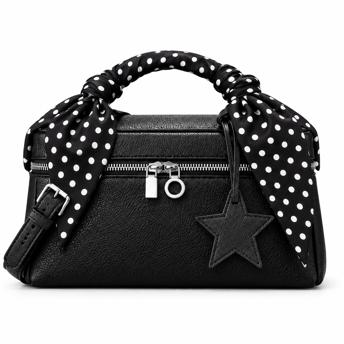 One assembled black handbag with black polka dot scarf and black star charm